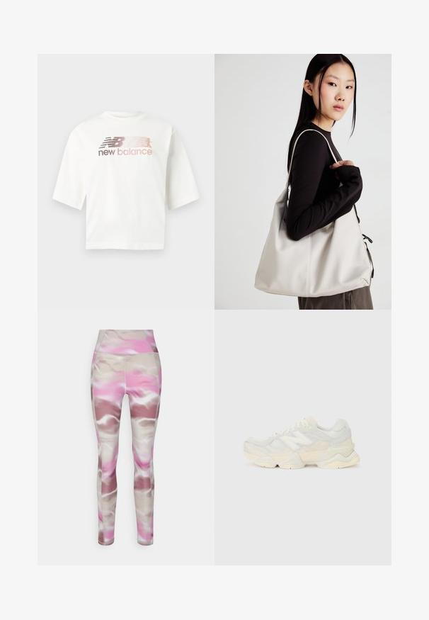 White short-sleeve t-shirt made of cotton, featuring a gradient logo in pink and gray with the text "new balance" below the logo.; Leggings made of polyester blend; wavy abstract pattern in pink, beige, and brown; high waist design with a smooth, soft texture.; Lightweight sneaker featuring a mesh and suede upper in soft cream tones, with a chunky sole and three-dimensional accents.; Beige handbag made of soft material, featuring a slouchy design, stitched detailing, and two shoulder straps. Suitable for everyday use.