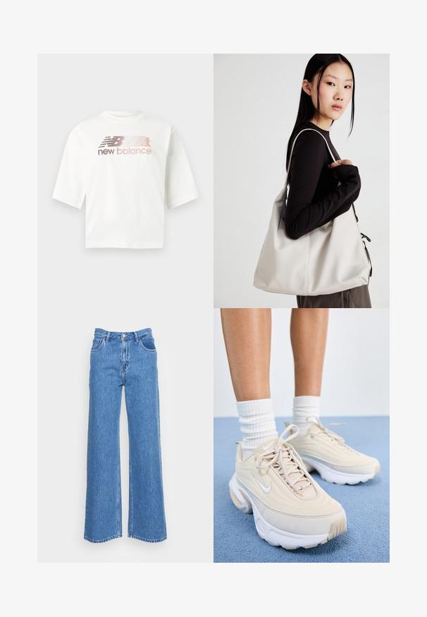 Biele tričko s krátkym rukávom vyrobené zo bavlny, s prechodovým logom v ružovej a šedej farbe a textom „new balance“ pod logom.; Modré denimové široké nohavice s vysokým pásom, ktoré majú dve predné vrecká a zapínanie na gombík. Tkanina má mierne textúrovaný povrch.; Béžové športové topánky s textúrovaným zvrškom, bielymi šnúrkami a hrubou bielou podrážkou. Dizajn obsahuje jemné krivky a malé logo.; Béžová kabelka vyrobená z mäkkého materiálu, s uvoľneným dizajnom, prišitými detailmi a dvoma popruhmi na nosenie na pleciach. Vhodná na každodenné nosenie.