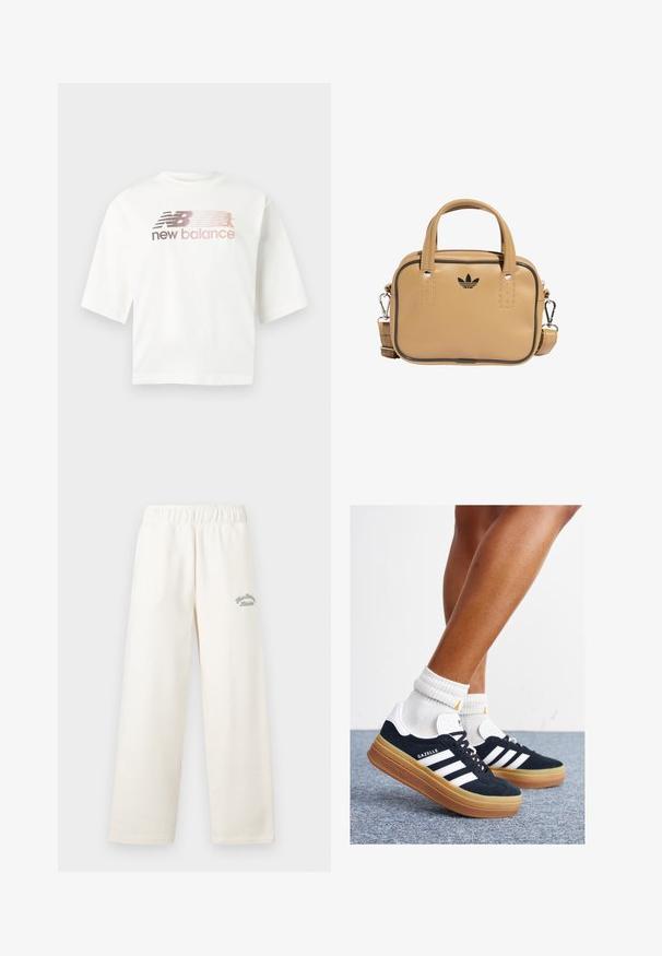 Hvid kortærmet T-shirt lavet af bomuld med en gradientlogo i pink og grå samt teksten "new balance" under logoet.; Cremefarvede vide bukser lavet af blødt materiale med elastisk talje. Har diskret grøn broderet tekst foran.; Sorte sneakers i ruskind med hvide striber og detaljer, rundet tå, ydersål i gummi, kombineret med hvide ribstrikkede crew sokker.; Brun vegansk læder taske med to håndtag, aftagelig skulderrem, sort kontrastsyning og et lille sort logo på forsiden.