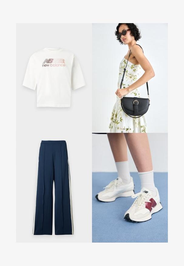 Wit T-shirt met korte mouwen van katoen, met een kleurverlooplogo in roze en grijs en de tekst "new balance" onder het logo.; Wijdvallende broek in donkerblauwe stof met zandkleurige zijkanten. Heeft een hoge tailleband en geplooide details voor extra structuur.; Een paar witte sneakers met bordeauxrode accenten, getextureerde panelen, een platte zwarte buitenzool en lichte veters, gedragen met witte enkelsokken.; Zwarte leren handtas met een gebogen vorm, afneembare schouderband en gouden hardware. De tas heeft een klep met een gespsluiting.