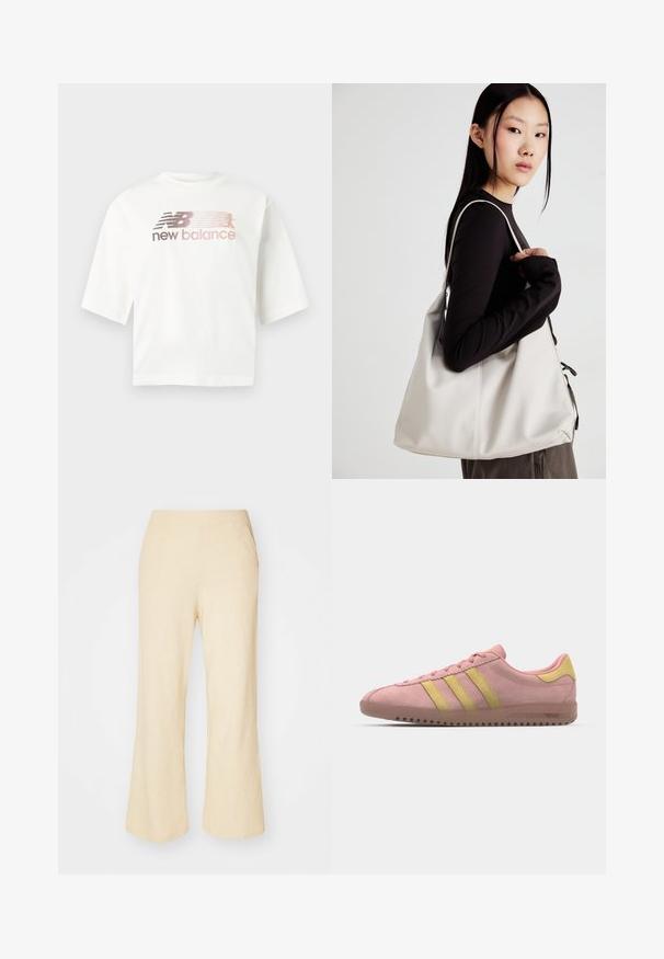 Tricou alb cu mânecă scurtă din bumbac, cu un logo în degrade roz și gri, având textul "new balance" sub logo.; Pantaloni largi de un bej deschis, dintr-un material texturat, cu o talie elastică și două buzunare laterale.; Tenisi roz din suède cu trei dungi galbene, vârf rotunjit și talpă din cauciuc texturat. Design de profil redus cu un guler căptușit.; Geantă bej din material moale, cu un design lejer, detalii cusute și două bretele pentru umăr. Potrivită pentru utilizarea zilnică.