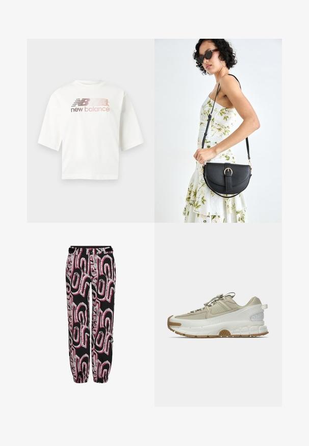 Baltos spalvos trumpomis rankovėmis medvilninė marškinėliai su gradiento efekto rožiniu ir pilku logotipu, po kuriuo yra užrašas „new balance“.; Juodos kelnės su drąsiais rožiniais ir sidabriniais grafikais. Pagamintos iš lengvos medžiagos, turi elastingas rankoves ir priderintą liemenį.; Smėlio spalvos ir baltos sportinės batai su guminiu padu, elastinėmis raištelėmis, paminkštintu padu ir tekstūruotu kulno paneliu, parodyti šoniniame profilyje ant balto fono.; Juodas odinis krepšys su išlenkta forma, nuimamu dirželiu ir auksiniais detalėmis. Krepšys turi kilpą su sagtimi.