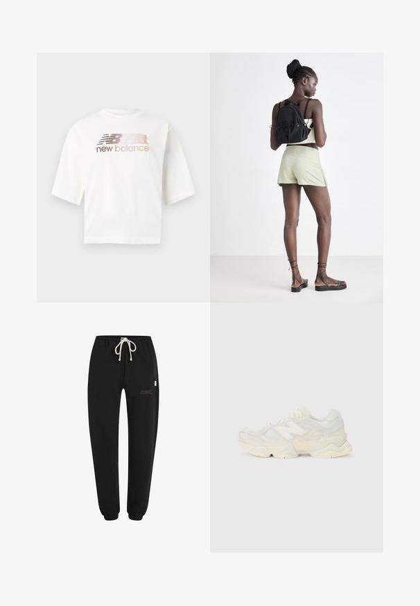White short-sleeve t-shirt made of cotton, featuring a gradient logo in pink and gray with the text "new balance" below the logo.; Black sweatpants made of soft fabric, featuring an elastic waistband with a drawstring, elastic cuffs, and a small embroidered logo detail.; Lightweight sneaker featuring a mesh and suede upper in soft cream tones, with a chunky sole and three-dimensional accents.; Black drawstring backpack, light green shorts, beige top, and black strappy sandals. Model poses from behind against a light background.