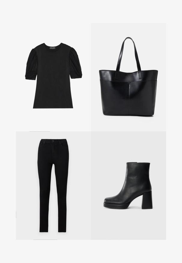 Črna majica s kratkimi, napihnjenimi rokavi, izdelana iz mehkega materiala. Ima klasičen okrogli izrez in običajen kroj.; Črne ozke kavbojke iz elastičnega denima. Imajo zadrgo in pet žepov ter gladko, enotno teksturo brez vidnih vzorcev.; Črne usnjene gležnjarje z blok peto in platformo, prikazane s strani na enobarvni beli podlagi.; Črna usnjena torba z dvema dolgima ročajema, gladko teksturo in strukturirano obliko. Ima sprednji žep za dodatno shranjevanje.