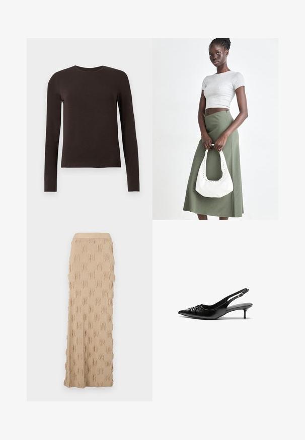 Sötétbarna, hosszú ujjú, kerek nyakú póló, slim fit szabásban, sima fehér háttér előtt.; Beige, kötött maxi szoknya, amely textúrált mintázattal és mindenhol szálkás kiemelésekkel rendelkezik, valamint bordázott derékrésszel. Simogató és rugalmas anyag.; Fekete bőrből készült slingback magassarkú cipők hegyes orral, kis francia sarokkal és díszes csomóval az elején. Az egész felületen sima textúra.; Szürke bordázott cropped top és olajzöld, magas derékú szoknya. A modellen egy fehér válltáska van, amely kivágott részletekkel rendelkezik. Egyszerű dizájn, testhezálló sziluett.