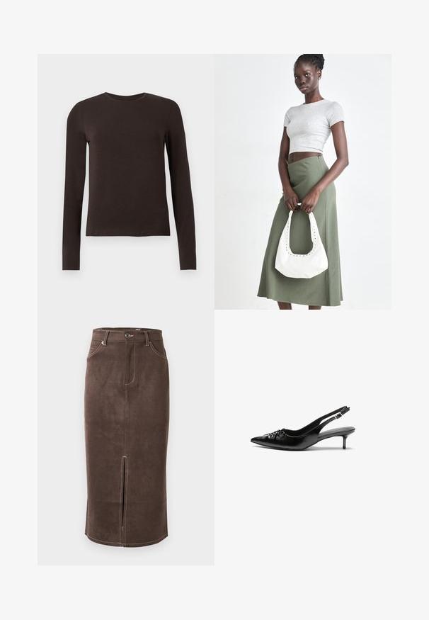 Tmavě hnědé tričko s dlouhým rukávem a kulatým výstřihem, těsně přiléhající k tělu, vystavené na bílém pozadí.; Hnědá semišová tužková sukně s předním rozparkem, kontrastním bílým prošíváním a klasickým designem pěti kapes. Klasické zapínání na knoflík v pase.; Černé kožené lodičky na slingback s špičatou špičkou, malým podpatkem typu kitten a ozdobným uzlem na přední straně. Hladký povrch po celém obvodu.; Šedý pruhovaný crop top a olivově zelená sukně s vysokým pasem. Modelka drží bílou kabelku přes rameno s výřezovými detaily. Jednoduchý design, přiléhavý silueta.