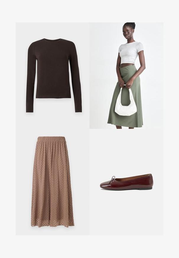 Tumši brūns gara piedurkne t-krekls ar šauru piegriezumu, parādīts uz vienkārša balta fona.; Brūna, līdz ceļiem garā svārku ar elastīgu jostasvietu, teksturēta auduma ar dimanta rakstu gaišākā tonī, viegla un plūstoša.; Burgundijas laku ādas baleta kurpes ar noapaļotu purngalu, nelielu loku akcentu priekšā un zemu melnu gumijas zoli. Gluda tekstūra.; Pelēks ribots īsais tops un olīvzaļš augstās vidukļa svārki. Modelis tur baltu plecu somu ar izgriezumiem. Vienkāršs dizains, pieguloša silueta.