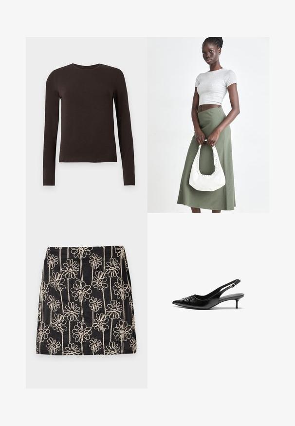 Mørkebrune, langermede crew neck skjorter med slim fit vist mot en enkel hvit bakgrunn.; Svart skjørt med hvit blomsterbroderi og sammenfoldede design. Myk tekstur og tettsittende fasong, med synlige sømdetaljer.; Sorte skinnert remsandaler med spiss tå, liten kittenhæl og en dekorativ knute detalj foran. Glatt tekstur gjennom hele.; Grå ribbet topp og olivengrønn høy midje skjørt. Modellen holder en hvit skulderveske med utskjæringsdetaljer. Enkelt design, tettsittende silhuett.