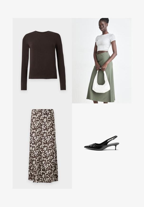 Sötétbarna, hosszú ujjú, kerek nyakú póló, slim fit szabásban, sima fehér háttér előtt.; Barna szoknya fehér absztrakt mintával, folyékony kialakítással és sima textúrával, amely a félvádli hosszúságáig terjed.; Fekete bőrből készült slingback magassarkú cipők hegyes orral, kis francia sarokkal és díszes csomóval az elején. Az egész felületen sima textúra.; Szürke bordázott cropped top és olajzöld, magas derékú szoknya. A modellen egy fehér válltáska van, amely kivágott részletekkel rendelkezik. Egyszerű dizájn, testhezálló sziluett.