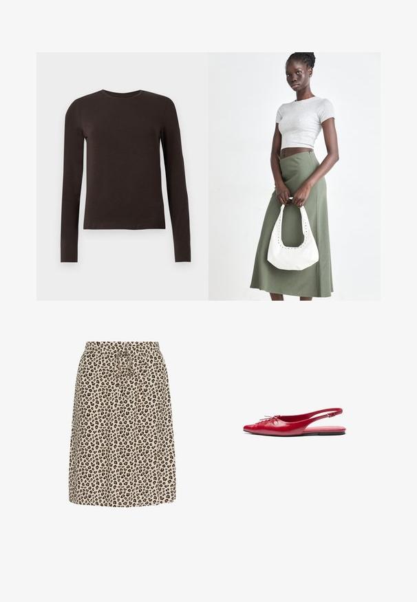 Tmavohnedá dlhá rukávová tričko s okrúhlym výstrihom a slim fit zobrazené na jednoduchom bielom pozadí.; Sukňa s leopardím vzorom v béžovej farbe, so elastickým pásom a šnúrkou na stiahnutie. Vyrobená z ľahkej látky s jemnou textúrou.; Červené kožené slingback ploché topánky s š piatym prstom a dekoračným šnurovaním vpredu, s úzkym členkovým pásom a plochou podrážkou.; Sivý pruhovaný crop top a olivovo zelená sukňa s vysokým pásom. Model drží bielu ramennú tašku s vyrezávanými detailmi. Jednoduchý dizajn, priliehavý strih.