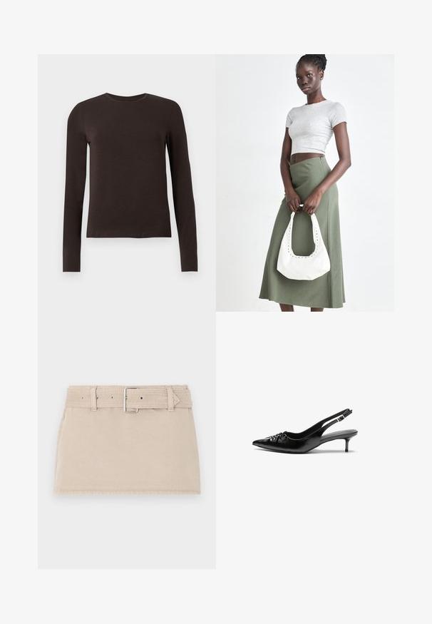 Mörkbrun långärmad tröja med rund hals och slim fit, visad på en enkel vit bakgrund.; Abercrombie & Fitch BELTED MINI - Jeanskjol - beige; Svarta läder slingback klackar med spetsig tå, liten kittenklack och en dekorativ knutdetalj på framsidan. Slät textur hela vägen.; Grå ribbad crop top och olivgrön högmidjad kjol. Modellen håller en vit axelremsväska med utskärningar. Enkelt design, tight passform.