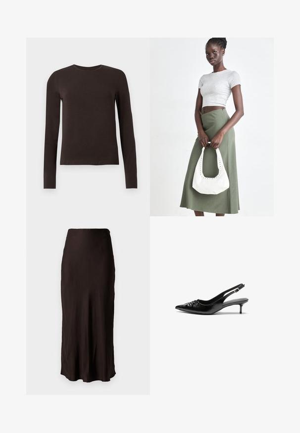 Chemise à col rond à manches longues de couleur brun foncé avec une coupe ajustée, présentée sur fond blanc uni.; Jupe noire mi-longue en tissu léger et lisse, avec une coupe droite et une fente sur le côté. Elle possède une taille simple.; Des escarpins en cuir noir à talon slingback, avec un bout pointu, un petit talon kitten et un détail de nœud décoratif à l'avant. Texture lisse sur toute la surface.; Top court rayé gris et jupe taille haute verte olive. Le mannequin tient un sac à bandoulière blanc avec des découpes. Design simple, silhouette ajustée.