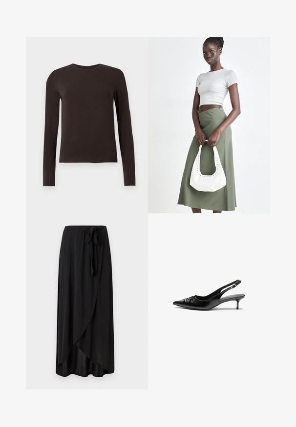 Dark brown long-sleeve crew neck shirt with a slim fit displayed on a plain white background.; Black maxi skirt made of lightweight fabric, featuring a wrap design, adjustable waist tie, and a flowing silhouette with a rounded hem.; Black leather slingback heels with a pointed toe, small kitten heel, and a decorative knot detail on the front. Smooth texture throughout.; Gray ribbed crop top and olive green high-waisted skirt. Model holds a white shoulder bag with cut-out detailing. Simple design, fitted silhouette.