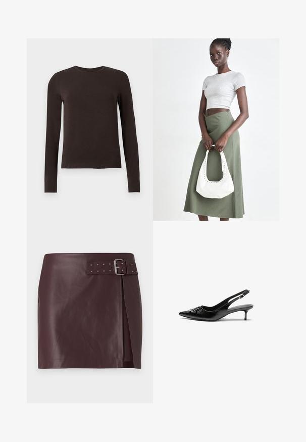 Chemise à col rond à manches longues de couleur brun foncé avec une coupe ajustée, présentée sur fond blanc uni.; Jupe en simili cuir bordeaux avec une taille ceinturée et une boucle métallique, présentant une fente sur le côté et une texture lisse et polie.; Des escarpins en cuir noir à talon slingback, avec un bout pointu, un petit talon kitten et un détail de nœud décoratif à l'avant. Texture lisse sur toute la surface.; Top court rayé gris et jupe taille haute verte olive. Le mannequin tient un sac à bandoulière blanc avec des découpes. Design simple, silhouette ajustée.