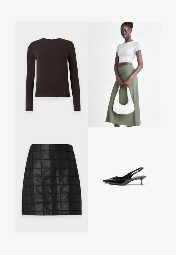 Sötétbarna, hosszú ujjú, kerek nyakú póló, slim fit szabásban, sima fehér háttér előtt.; Fekete bőr mini szoknya, texturált rácsos mintával, kiemelkedő varrásokkal és karcsú sziluettel. A sima felület fokozza a dizájnt.; Fekete bőrből készült slingback magassarkú cipők hegyes orral, kis francia sarokkal és díszes csomóval az elején. Az egész felületen sima textúra.; Szürke bordázott cropped top és olajzöld, magas derékú szoknya. A modellen egy fehér válltáska van, amely kivágott részletekkel rendelkezik. Egyszerű dizájn, testhezálló sziluett.