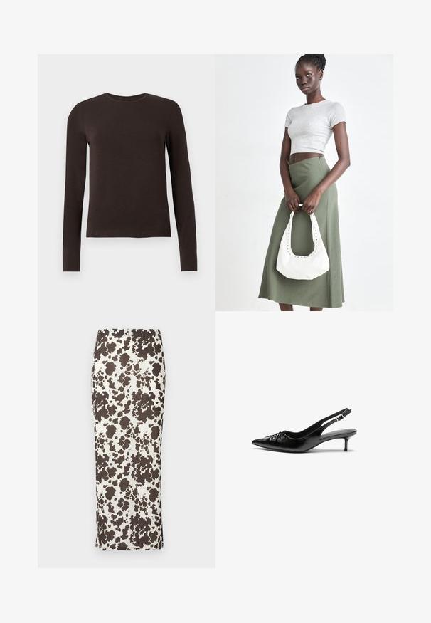 Dark brown long-sleeve crew neck shirt with a slim fit displayed on a plain white background.; Brown and white patterned maxi skirt with a smooth texture, fitted design, and side slit detail. Elastic waistband for comfort.; Black leather slingback heels with a pointed toe, small kitten heel, and a decorative knot detail on the front. Smooth texture throughout.; Gray ribbed crop top and olive green high-waisted skirt. Model holds a white shoulder bag with cut-out detailing. Simple design, fitted silhouette.