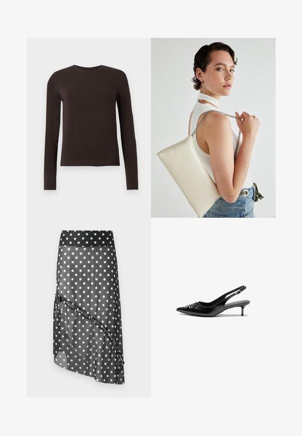 Sötétbarna, hosszú ujjú, kerek nyakú póló, slim fit szabásban, sima fehér háttér előtt.; Fekete pöttyös szoknya átlátszó betéttel, széles derékrésszel és réteges, aszimmetrikus kialakítással. Sima tapintású és könnyű anyag.; Fekete bőrből készült slingback magassarkú cipők hegyes orral, kis francia sarokkal és díszes csomóval az elején. Az egész felületen sima textúra.; Fehér, téglalap alakú, fényes anyagból készült clutch táska, ezüst láncos pánttal. A modell pózol, bemutatva a táskát egy egyszínű háttér előtt.