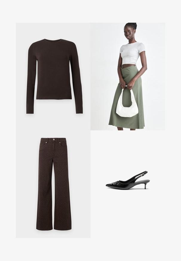 Chemise à col rond à manches longues de couleur brun foncé avec une coupe ajustée, présentée sur fond blanc uni.; Jean large marron avec un motif léopard subtil, fabriqué en denim avec une texture lisse et un design classique à cinq poches.; Des escarpins en cuir noir à talon slingback, avec un bout pointu, un petit talon kitten et un détail de nœud décoratif à l'avant. Texture lisse sur toute la surface.; Top court rayé gris et jupe taille haute verte olive. Le mannequin tient un sac à bandoulière blanc avec des découpes. Design simple, silhouette ajustée.