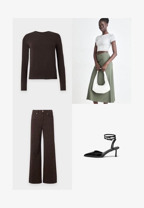 Ciemnobrązowa longsleeve koszulka z okrągłym dekoltem i slim fit, prezentowana na białym tle.; Brązowe dżinsy typu wide-leg z subtelnym wzorem w panterkę, wykonane z denimu o gładkiej fakturze i klasycznym pięciokieszeniowym fasonie.; Czarna skórzana szpilka z wyciągniętym noskiem i paskiem kostkowym. Charakteryzuje się eleganckim designem i smukłym obcasem o wysokości 5 cm. Gładka faktura.; Szary prążkowany crop top i oliwkowa spódnica o wysokim stanie. Modelka trzyma białą torebkę na ramię z wycięciami. Prosty design, dopasowany krój.