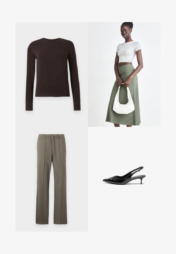 Mørkebrunt langærmet crew neck skjorte med slim fit præsenteret på en ensfarvet hvid baggrund.; Khaki bukser med lige ben, snøre i livet og to forfold. Fremstillet af et blødt, struktureret stof.; Sorte læderslippers med spidse tæer, lille kitten hæl og en dekorativ knude detalje foran. Glat tekstur hele vejen rundt.; Grå ribbet crop top og olivengrøn højhøjdet nederdel. Modellen holder en hvid skuldertaske med udskæringsdetaljer. Enkel design, tætsiddende silhuet.