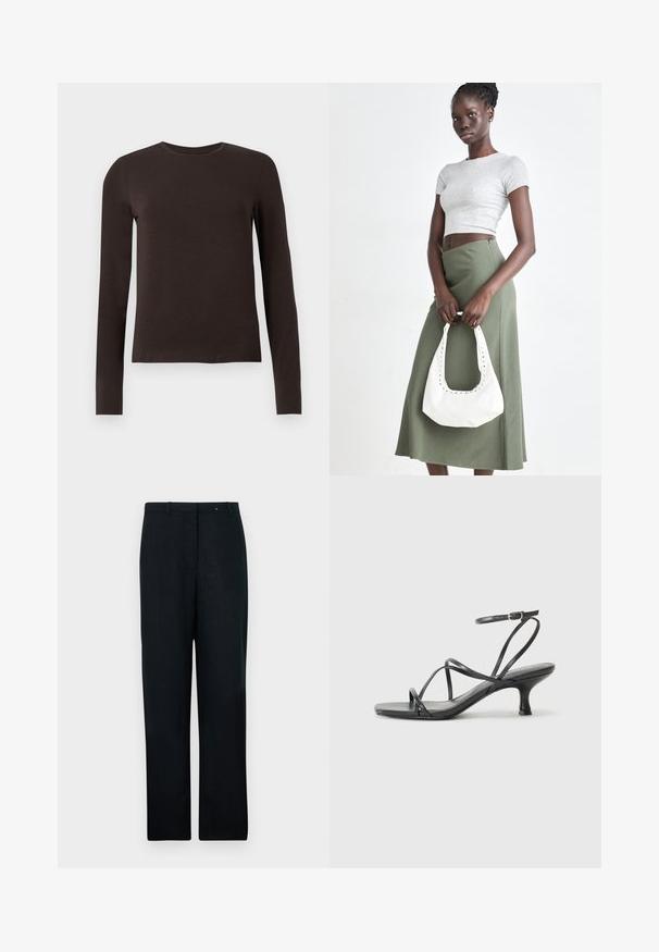 Chemise à col rond à manches longues de couleur brun foncé avec une coupe ajustée, présentée sur fond blanc uni.; Pantalons en lin noirs au design droit, avec une taille plate, des passants de ceinture et un pli avant unique. Texture lisse, coupe ajustée.; Sandales noires à talons avec des fines lanières, un design ouvert à l'avant et un petit talon évasé. Le matériau semble lisse et brillant.; Top court rayé gris et jupe taille haute verte olive. Le mannequin tient un sac à bandoulière blanc avec des découpes. Design simple, silhouette ajustée.