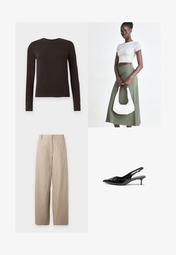 Tumši brūns gara piedurkne t-krekls ar šauru piegriezumu, parādīts uz vienkārša balta fona.; Bežīgas, plašas bikses, kas izgatavotas no kokvilnas. Iezīmējas ar gludu priekšpusi, divām sānu kabatām un vieglu tekstūru. Vienkāršs, funkcionāls dizains.; Melni ādas sandales ar norādītu pirkstu, mazu kaķa papēdi un dekoratīvu mezglu detaļu priekšā. Gluda tekstūra visā virsmā.; Pelēks ribots īsais tops un olīvzaļš augstās vidukļa svārki. Modelis tur baltu plecu somu ar izgriezumiem. Vienkāršs dizains, pieguloša silueta.