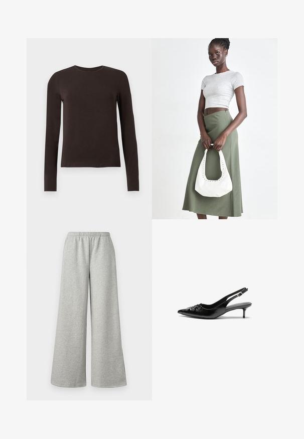 Mørkebrunt langærmet crew neck skjorte med slim fit præsenteret på en ensfarvet hvid baggrund.; Lys grå vide bukser med elastisk talje, lavet af blødt, strækbart stof, med sideslidser for ekstra luftgennemstrømning og komfort.; Sorte læderslippers med spidse tæer, lille kitten hæl og en dekorativ knude detalje foran. Glat tekstur hele vejen rundt.; Grå ribbet crop top og olivengrøn højhøjdet nederdel. Modellen holder en hvid skuldertaske med udskæringsdetaljer. Enkel design, tætsiddende silhuet.