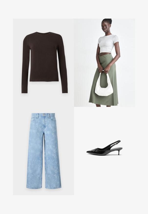 Tamsiai ruda ilgomis rankovėmis marškinėliai su apvalia iškirpte, turintys slim fit, pateikti ant balto vienodo fono.; Šviesiai mėlynos plačios kojų džinsai su išblukusiu gėlių raštu, penkiomis kišenėmis ir mygtuko uždarymu juosmenyje. Denim audinys su lengvu tekstūros efektu.; Juodos odinės slingback aukštakulniai su smailiu nosiu, mažais katės kulnais ir dekoratyvine mazgo detale priekyje. Visas paviršius lygus.; Pilka juostuota trumpa palaidinė ir alyvuogių žalios spalvos aukšto liemens sijonas. Modelis laiko baltą petį krepšį su išpjovomis. Paprastas dizainas, prigludusi siluetas.