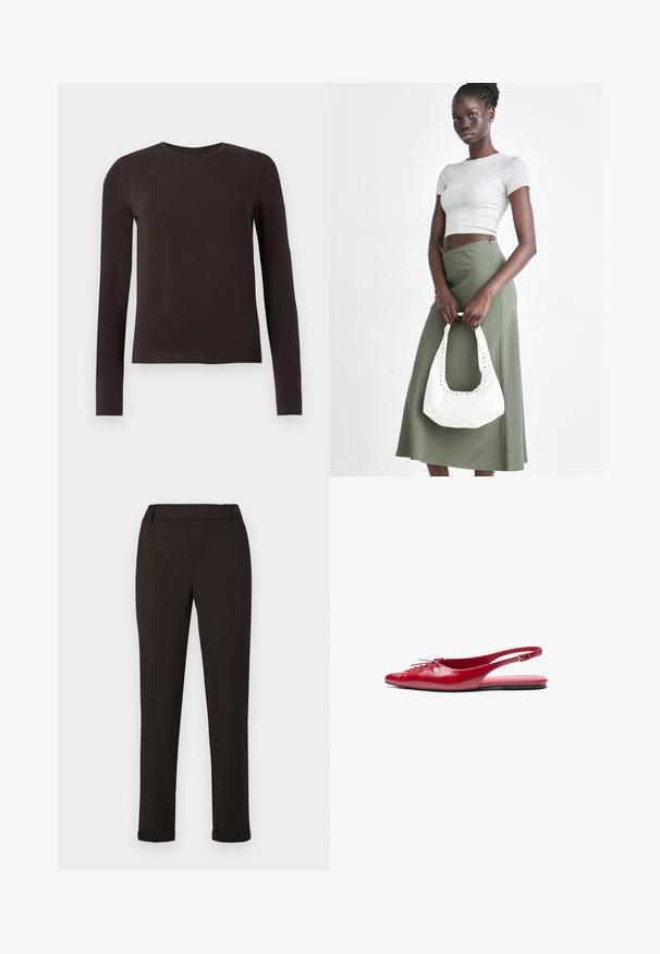 Chemise à col rond à manches longues de couleur brun foncé avec une coupe ajustée, présentée sur fond blanc uni.; Pantalon slim noir avec passants de ceinture et poignets sur fond blanc uni.; Chausson plat en cuir rouge avec un bout pointu et un détail de lacets décoratif sur le devant, présentant une fine bride à la cheville et une semelle plate.; Top court rayé gris et jupe taille haute verte olive. Le mannequin tient un sac à bandoulière blanc avec des découpes. Design simple, silhouette ajustée.