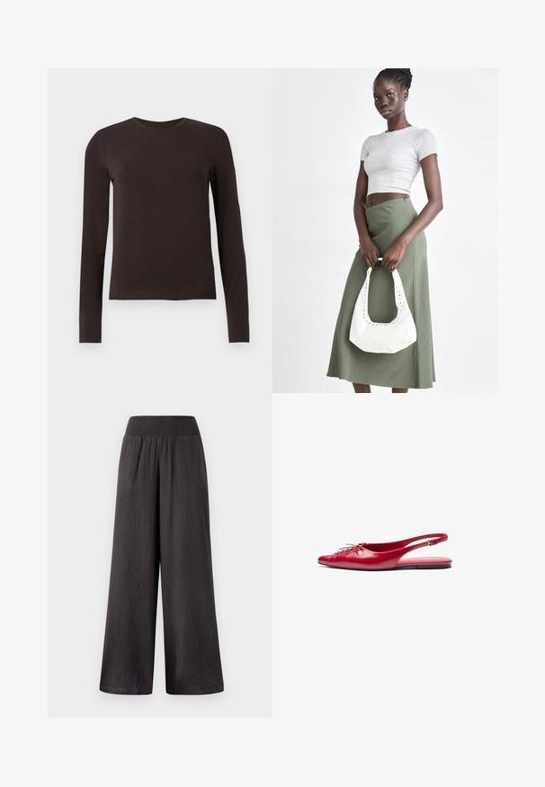 Camisa de manga larga de cuello redondo en marrón oscuro con un ajuste slim, exhibida sobre un fondo blanco liso.; Pantalones negros de pierna ancha con cintura fruncida, confeccionados en una tela texturizada y ligera, que presentan un ajuste holgado y un diseño de largo completo.; Zapato plano de charol rojo con punta afilada y un detalle decorativo de cordones en la parte delantera, que incluye una delgada correa en el tobillo y suela plana.; Top corto de canalé gris y falda de tiro alto verde oliva. La modelo sostiene un bolso de hombro blanco con detalles recortados. Diseño simple, silueta ajustada.
