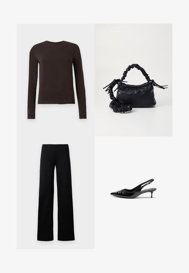 Temno rjava majica s dolgimi rokavi in krojnim ovratnikom, ožjega kroja, prikazana na enobarvnem belem ozadju.; Črne široke hlače iz gladkega, raztegljivega_materiala z brezšivnim elastičnim pasom in brez vidnih žepov ali okrasnih dodatkov.; Črne usnjene slingback pete z izostrenim nosom, majhno mačje peto in okrasno vozličasto podrobnostjo na sprednjem delu. Gladka tekstura po celotni površini.; Črna torbica iz umetnega usnja s krokodilovo teksturo, z zvitim vrhom in zmečkano naramico. Zdi se mehka in kompaktna v oblikovanju.