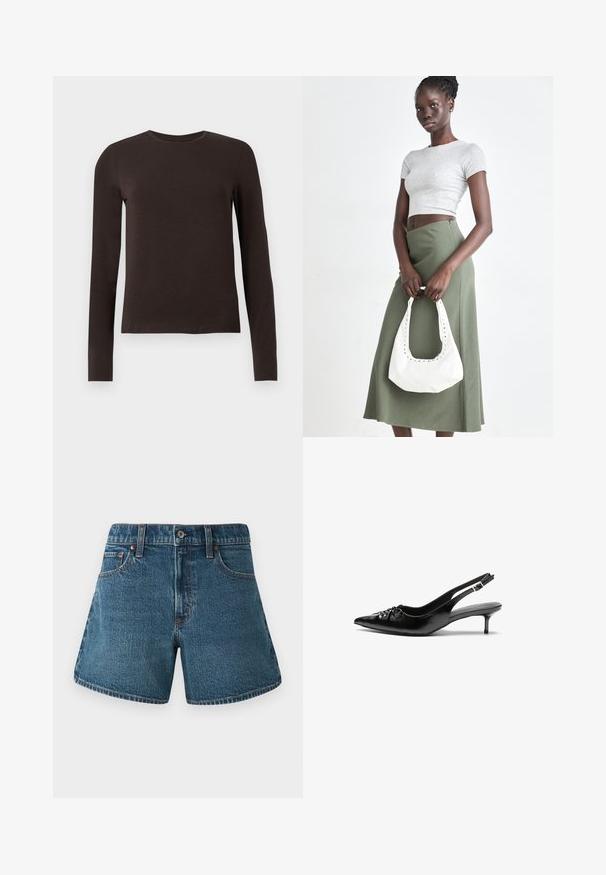 Camisa de manga larga de cuello redondo en marrón oscuro con un ajuste slim, exhibida sobre un fondo blanco liso.; Shorts de mezclilla en un tono azul medio con un corte recto, diseño tradicional de cinco bolsillos y costuras en contraste a lo largo de los bordes.; Tacones slingback de cuero negro con punta afilada, pequeño tacón kitten y un detalle de nudo decorativo en la parte frontal. Textura suave en toda la superficie.; Top corto de canalé gris y falda de tiro alto verde oliva. La modelo sostiene un bolso de hombro blanco con detalles recortados. Diseño simple, silueta ajustada.