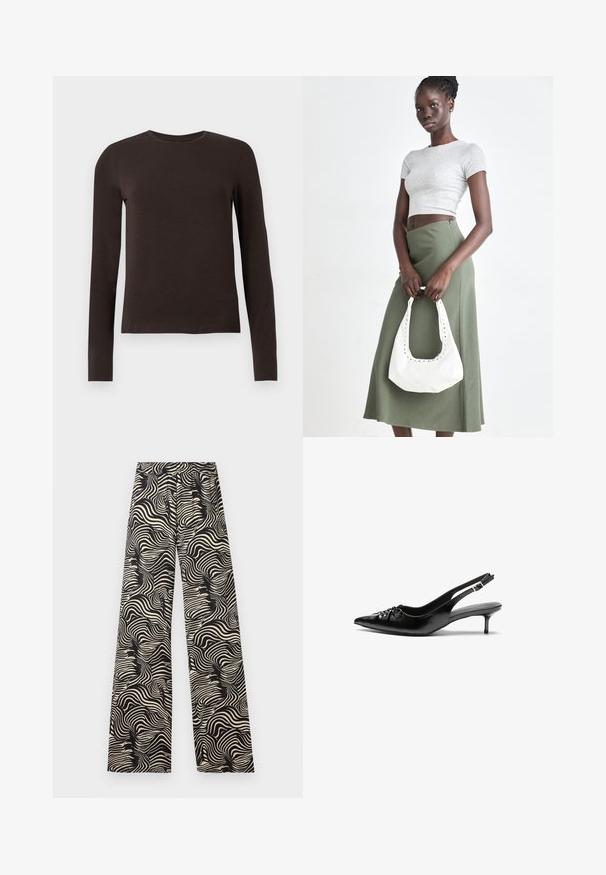 Camisa de manga larga de cuello redondo en marrón oscuro con un ajuste slim, exhibida sobre un fondo blanco liso.; Pantalones de pierna ancha en un patrón en espiral monocromático. El material parece ligero con un acabado texturizado; presenta una cintura alta y elástica.; Tacones slingback de cuero negro con punta afilada, pequeño tacón kitten y un detalle de nudo decorativo en la parte frontal. Textura suave en toda la superficie.; Top corto de canalé gris y falda de tiro alto verde oliva. La modelo sostiene un bolso de hombro blanco con detalles recortados. Diseño simple, silueta ajustada.