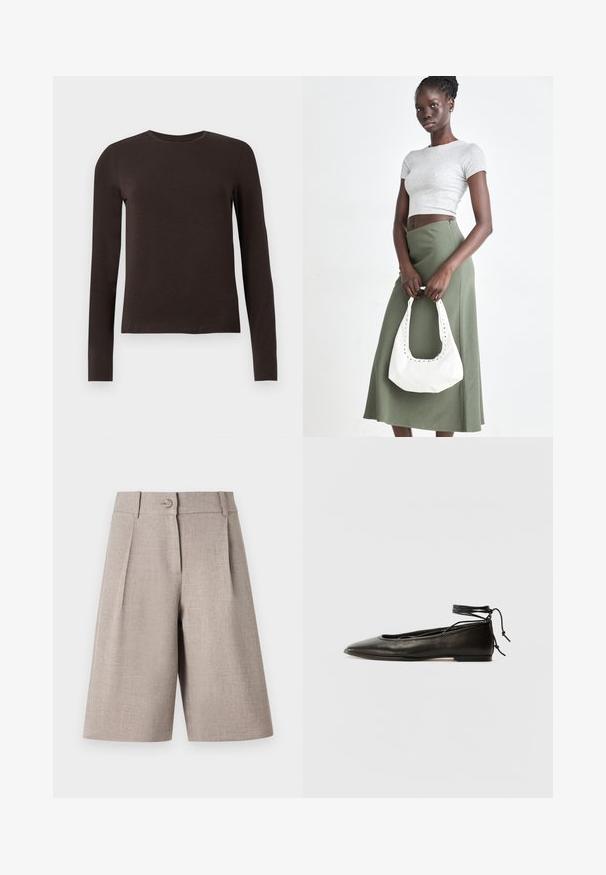 Cămașă lungă cu mâneci, de culoare maro închis, cu guler tip crew și o croială slim, expusă pe un fundal alb simplu.; Șorturi bej, croite, cu plii, având închidere cu buton și o textură netedă, concepute pentru o siluetă modernă, bine definită.; Balerini din piele neagră, cu vârf ascuțit, șnur pentru glezna și talpă plată, având o textură netedă și un design minimalist.; Crop top griș cu dungi și fustă verde măsliniu cu talie înaltă. Modelul ține o geantă albă de umăr cu detalii tăiate. Design simplu, siluetă ajustată.