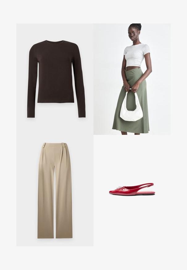 Ciemnobrązowa longsleeve koszulka z okrągłym dekoltem i slim fit, prezentowana na białym tle.; Beżowe spodnie szerokie o gładkiej fakturze, z dwoma dekoracyjnymi guzikami w talii oraz delikatnymi farbami dla dodatkowego detalu.; Czerwone skórzane buty typu slingback z płaską podeszwą i spiczastym noskiem, z ozdobnym sznurówką z przodu, posiadające wąski pasek na kostkę.; Szary prążkowany crop top i oliwkowa spódnica o wysokim stanie. Modelka trzyma białą torebkę na ramię z wycięciami. Prosty design, dopasowany krój.