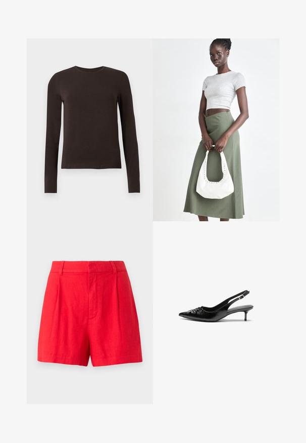 Sötétbarna, hosszú ujjú, kerek nyakú póló, slim fit szabásban, sima fehér háttér előtt.; Piros vászon rövidnadrág, szabott kiképzéssel, redők, sima felület és közepes magasságú derékpánt jellemzi.; Fekete bőrből készült slingback magassarkú cipők hegyes orral, kis francia sarokkal és díszes csomóval az elején. Az egész felületen sima textúra.; Szürke bordázott cropped top és olajzöld, magas derékú szoknya. A modellen egy fehér válltáska van, amely kivágott részletekkel rendelkezik. Egyszerű dizájn, testhezálló sziluett.