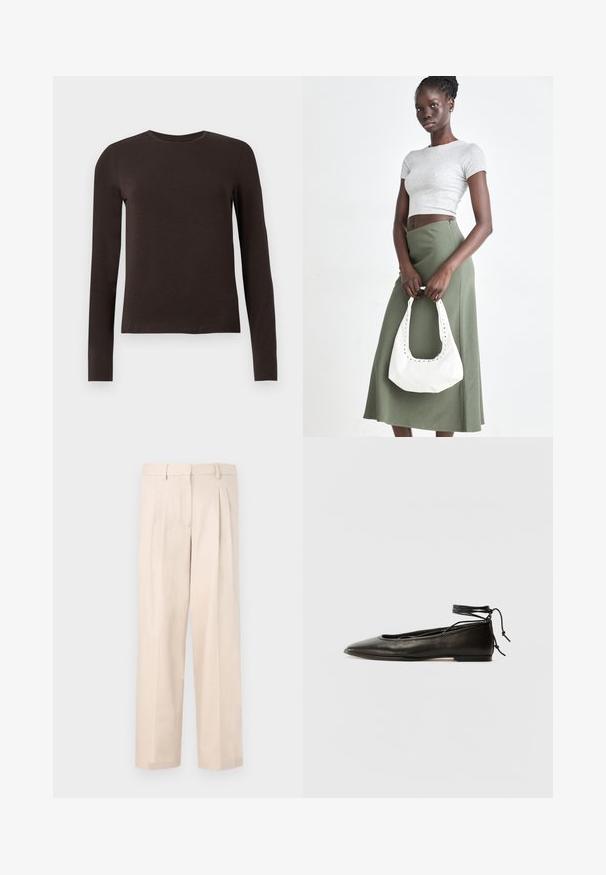Dark brown long-sleeve crew neck shirt with a slim fit displayed on a plain white background.; Beige trousers with pleats, made of smooth fabric. Features a waistband with belt loops and straight leg design, no visible pockets.; Black leather ballet flats with a pointed toe, ankle tie, and flat sole, featuring a smooth texture and minimalistic design.; Gray ribbed crop top and olive green high-waisted skirt. Model holds a white shoulder bag with cut-out detailing. Simple design, fitted silhouette.