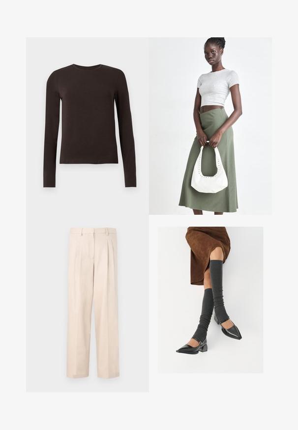 Sötétbarna, hosszú ujjú, kerek nyakú póló, slim fit szabásban, sima fehér háttér előtt.; Beige nadrág plisszírozással, sima anyagból készült. Övvel rendelkező derékrésszel és egyenes láb kialakítással rendelkezik, látható zsebek nélkül.; Fekete lakk bőrből készült, hegyes orrú cipők, tömbsarkúakkal és bokapánttal, szürke bordás lábszármelegítőkkel és barna velúr szoknyával párosítva.; Szürke bordázott cropped top és olajzöld, magas derékú szoknya. A modellen egy fehér válltáska van, amely kivágott részletekkel rendelkezik. Egyszerű dizájn, testhezálló sziluett.