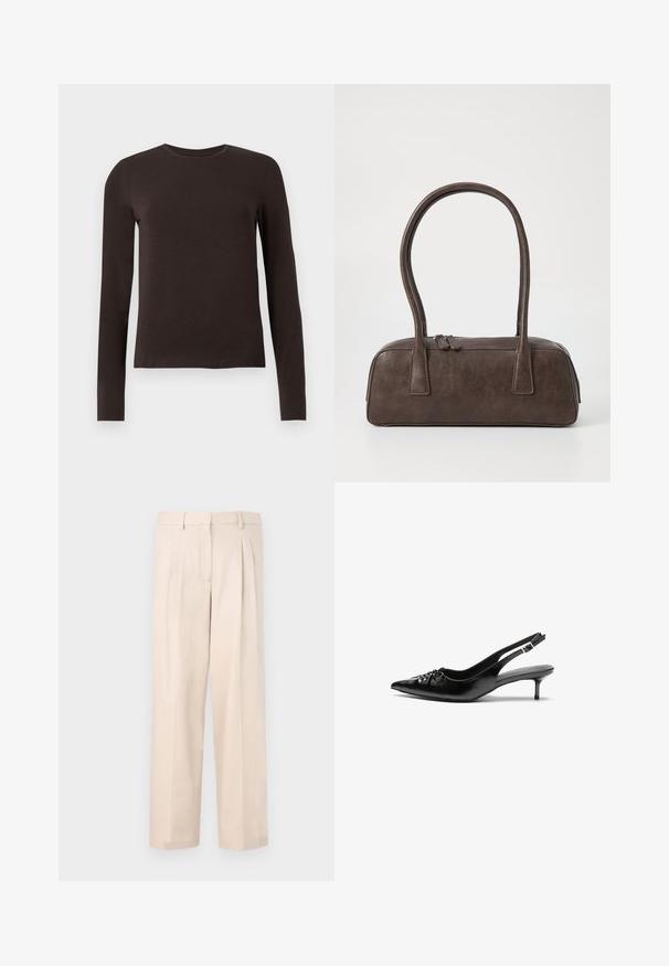 Mörkbrun långärmad tröja med rund hals och slim fit, visad på en enkel vit bakgrund.; Beiga byxor med veck, gjorda av slät tyg. Har en midja med bälteshällor och rak bendesign, inga synliga fickor.; Svarta läder slingback klackar med spetsig tå, liten kittenklack och en dekorativ knutdetalj på framsidan. Slät textur hela vägen.; Brun läderhandväska med två stadiga handtag, rektangulär form, slät yta och dragkedjestängning. Minimalistisk design utan synliga mönster.