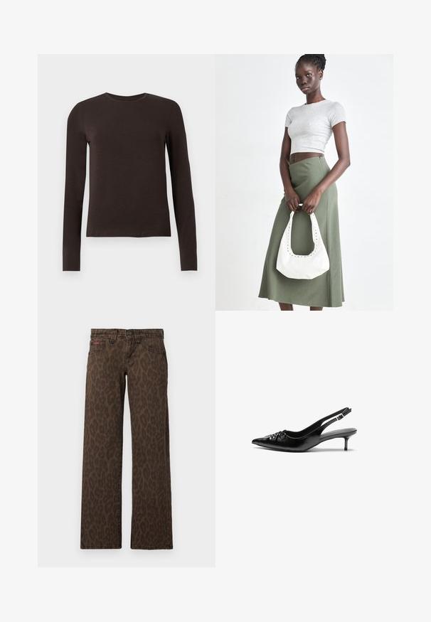 Dark brown long-sleeve crew neck shirt with a slim fit displayed on a plain white background.; Brown leopard print jeans with a straight leg design, featuring a button closure and subtle red branding on the front. Soft denim texture.; Black leather slingback heels with a pointed toe, small kitten heel, and a decorative knot detail on the front. Smooth texture throughout.; Gray ribbed crop top and olive green high-waisted skirt. Model holds a white shoulder bag with cut-out detailing. Simple design, fitted silhouette.