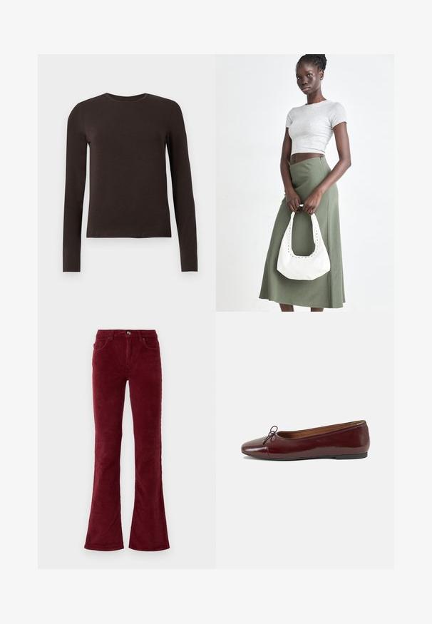 Cămașă lungă cu mâneci, de culoare maro închis, cu guler tip crew și o croială slim, expusă pe un fundal alb simplu.; Pantaloni evazați din corduroy burgundy, cu buzunare frontale, bucle pentru curea și închidere cu nasture, pe un fundal alb simplu.; Balerini din piele patent burgund cu vârful rotund, accent de fundiță mică în față și talpă joasă din cauciuc negru. Textură netedă.; Crop top griș cu dungi și fustă verde măsliniu cu talie înaltă. Modelul ține o geantă albă de umăr cu detalii tăiate. Design simplu, siluetă ajustată.