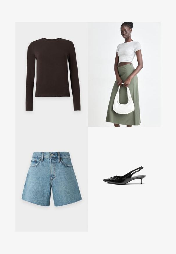 Mørkebrune, langermede crew neck skjorter med slim fit vist mot en enkel hvit bakgrunn.; Jeansshorts i lyseblå, med høy midje, fem lommer og rå kant. Laget av teksturert bomullsstoff med et klassisk design.; Sorte skinnert remsandaler med spiss tå, liten kittenhæl og en dekorativ knute detalj foran. Glatt tekstur gjennom hele.; Grå ribbet topp og olivengrønn høy midje skjørt. Modellen holder en hvit skulderveske med utskjæringsdetaljer. Enkelt design, tettsittende silhuett.
