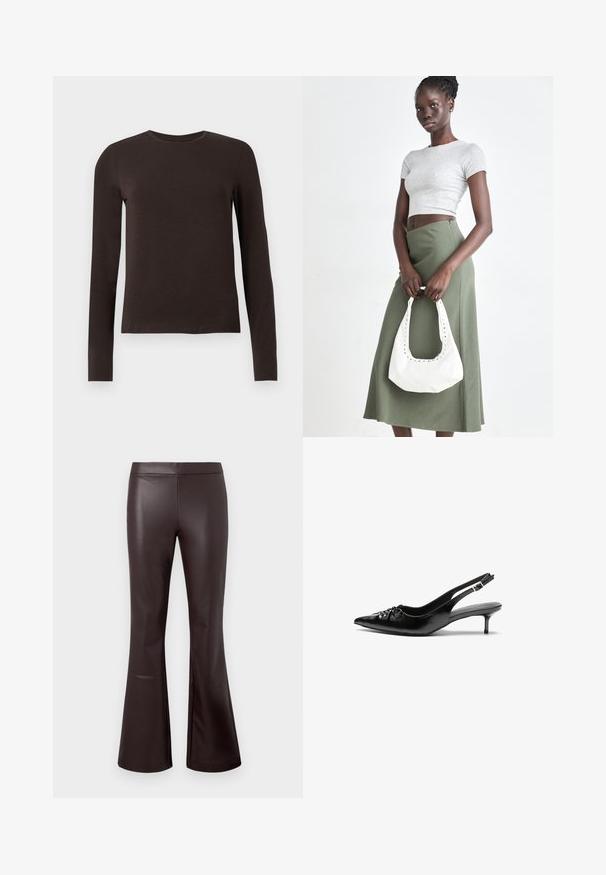 Tumepruun pikka varrukaga crew neck särk, slim fit lõikega, esitleb end lihtsal valgel taustal.; Pruun kunstnahast laiad püksid, millel on sile tekstuur, kõrge vöökoht ja puhas disain, flared säärtega, mis lisavad stiili.; Musthave nahkased kõrged kontsad, millel on terav varvas, väike kitten-kont ja dekoratiivne sõlm ees. Ühtlane sile tekstuur.; Hallid hall pitsakene ja oliiviroheline kõrge vöökohtadega seelik. Mudel hoiab käes valget õlakotit, millel on lõikega detailid. Lihtne disain, vormiline siluett.