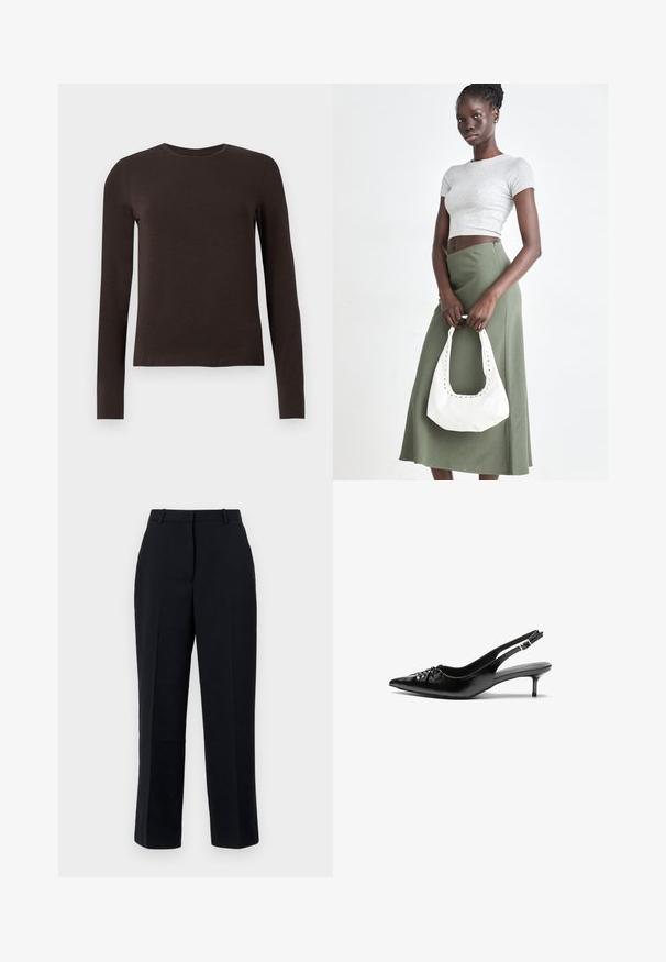 Tamno smeđa majica dugih rukava s okruglim izrezom i prilagođenim krojem prikazana na jednostavnoj bijeloj pozadini.; Crne hlače ravnog kroja, s glatkim materijalom, detaljima nabora, petljama za remen i bočnim džepovima. Pogodne za formalnu odjeću.; Crne kožne sandale na petu s ikkrenim nosom, malom kitten petom i dekorativnom mašnom sprijeda. Glatka tekstura svuda.; Sivi rebrasti crop top i maslinasto zeleni suknja visokog struka. Model drži bijelu torbu preko ramena s izrezima. Jednostavan dizajn, tijesna silueta.