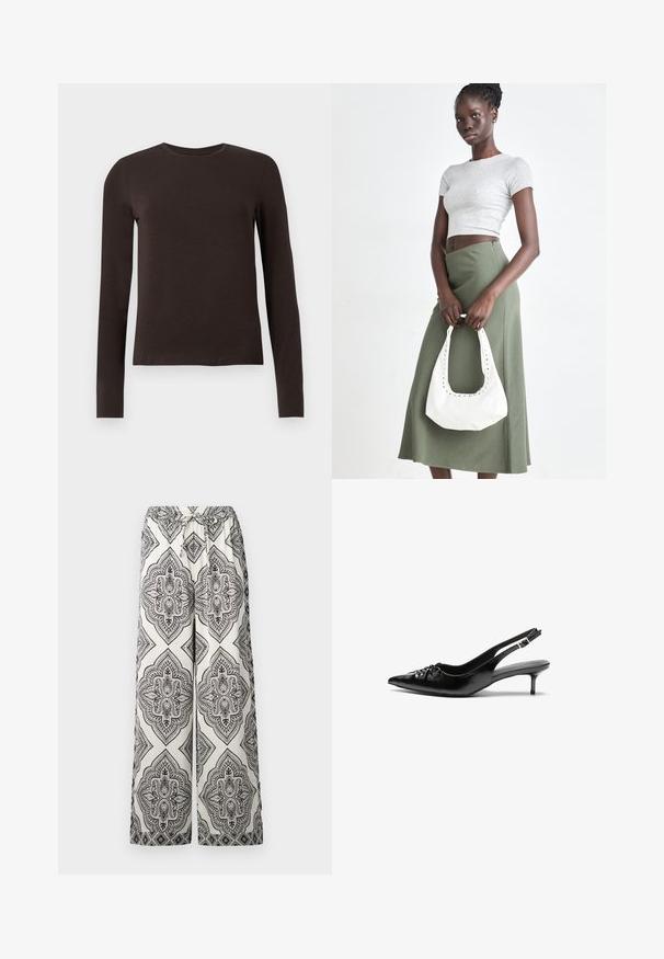 Musta ruskea pitkähihaisen crew neck -paita, jossa on slim fit -mukavuus, esitelty valkoisella taustalla.; Avointen lahkeiden housujen väri on kerma ja niissä on musta koristeellinen timanttikuvio. Housuissa on joustava vyötärö, jossa on nauhakiinnitys, ja ne tuntuvat sileiltä.; Mustat nahkaiset slingback-korkokengät, joissa on terävä kärki, pieni kitten-korko ja koristeellinen solki edessä. Yksinkertainen pinta kauttaaltaan.; Harmaa ribbattu crop-top ja oliivinvihreä korkeavyötäröinen hame. Malli pitää valkoista olkalaukkua, jossa on leikattu yksityiskohtia. Yksinkertainen muotoilu, vartalonmyötäinen siluetti.
