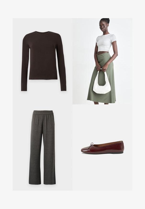 Tumepruun pikka varrukaga crew neck särk, slim fit lõikega, esitleb end lihtsal valgel taustal.; Hallid laiad hallid püksid tekstureeritud kangast, millel on elastne vöökoht ja ilma taskuteta, loodud mugavuse ja liikumisvabaduse nimel.; Burgundi patendnahk kingad balletitüüpi, ümmarguse ninaosa, ees väike paelaaktsent ja madal must kummist tald. Sile tekstuur.; Hallid hall pitsakene ja oliiviroheline kõrge vöökohtadega seelik. Mudel hoiab käes valget õlakotit, millel on lõikega detailid. Lihtne disain, vormiline siluett.
