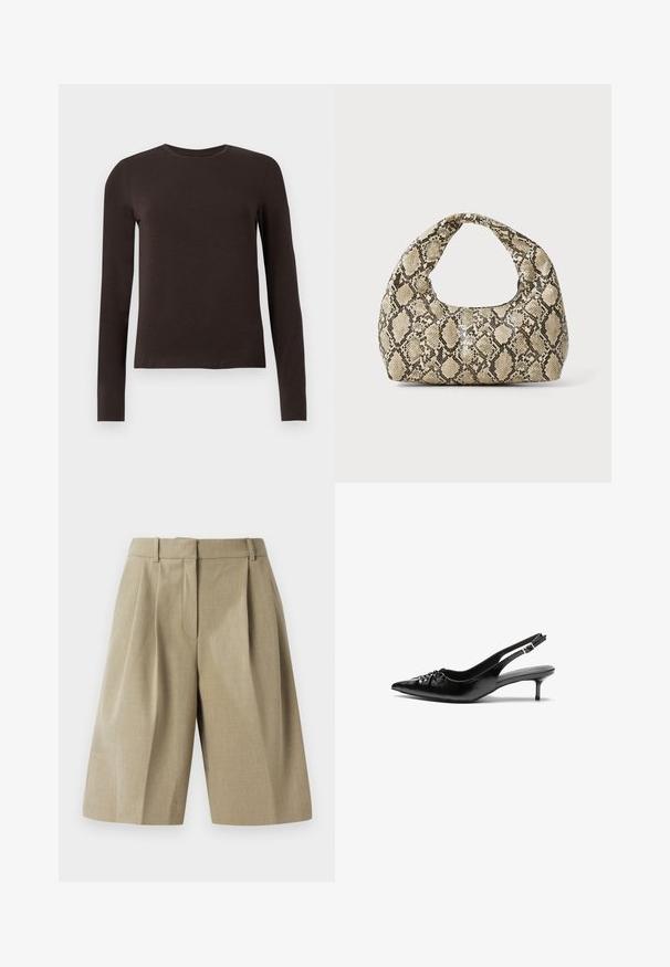 Tamsiai ruda ilgomis rankovėmis marškinėliai su apvalia iškirpte, turintys slim fit, pateikti ant balto vienodo fono.; Bežinės pritaikytos šortai su klostėmis, pagaminti iš lengvo audinio. Yra juosmuo ir gili priekinė kišenė.; Juodos odinės slingback aukštakulniai su smailiu nosiu, mažais katės kulnais ir dekoratyvine mazgo detale priekyje. Visas paviršius lygus.; Gyvatės rašto rankinė su kreiviu rankenėle. Pagaminta iš tekstūruotų smėlio ir rudos spalvos medžiagų, su išskirtiniu rombo raštu.