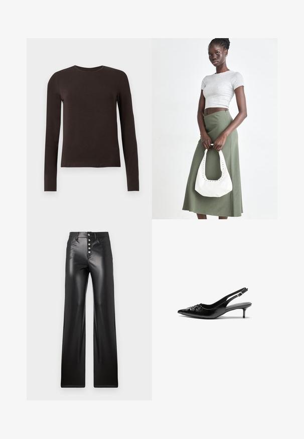 Chemise à col rond à manches longues de couleur brun foncé avec une coupe ajustée, présentée sur fond blanc uni.; ONLY ONLSMOOTH - Pantalon classique - black; Des escarpins en cuir noir à talon slingback, avec un bout pointu, un petit talon kitten et un détail de nœud décoratif à l'avant. Texture lisse sur toute la surface.; Top court rayé gris et jupe taille haute verte olive. Le mannequin tient un sac à bandoulière blanc avec des découpes. Design simple, silhouette ajustée.