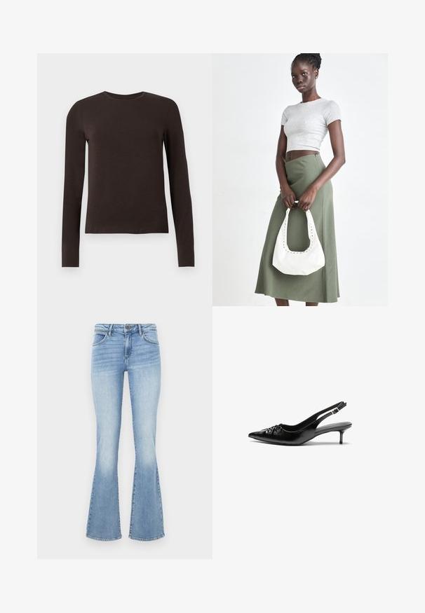 Tmavohnedá dlhá rukávová tričko s okrúhlym výstrihom a slim fit zobrazené na jednoduchom bielom pozadí.; Svetlomodré rozšírené džínsy vyrobené z denimu. Obsahujú tradičný dizajn s piatimi vreckami a zips s gombíkovým zapínaním. Na stehnách je vyblednutý efekt.; Čierne kožené slingback podpätky s ostrou špičkou, malým podpatkom a dekoratívnym uzlom vpredu. Hladký povrch po celom obvode.; Sivý pruhovaný crop top a olivovo zelená sukňa s vysokým pásom. Model drží bielu ramennú tašku s vyrezávanými detailmi. Jednoduchý dizajn, priliehavý strih.