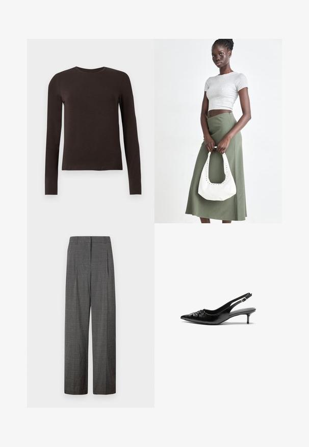 Chemise à col rond à manches longues de couleur brun foncé avec une coupe ajustée, présentée sur fond blanc uni.; Vero Moda VMSIKITA WIDE DAD PANT - Pantalon classique - medium grey/black; Des escarpins en cuir noir à talon slingback, avec un bout pointu, un petit talon kitten et un détail de nœud décoratif à l'avant. Texture lisse sur toute la surface.; Top court rayé gris et jupe taille haute verte olive. Le mannequin tient un sac à bandoulière blanc avec des découpes. Design simple, silhouette ajustée.